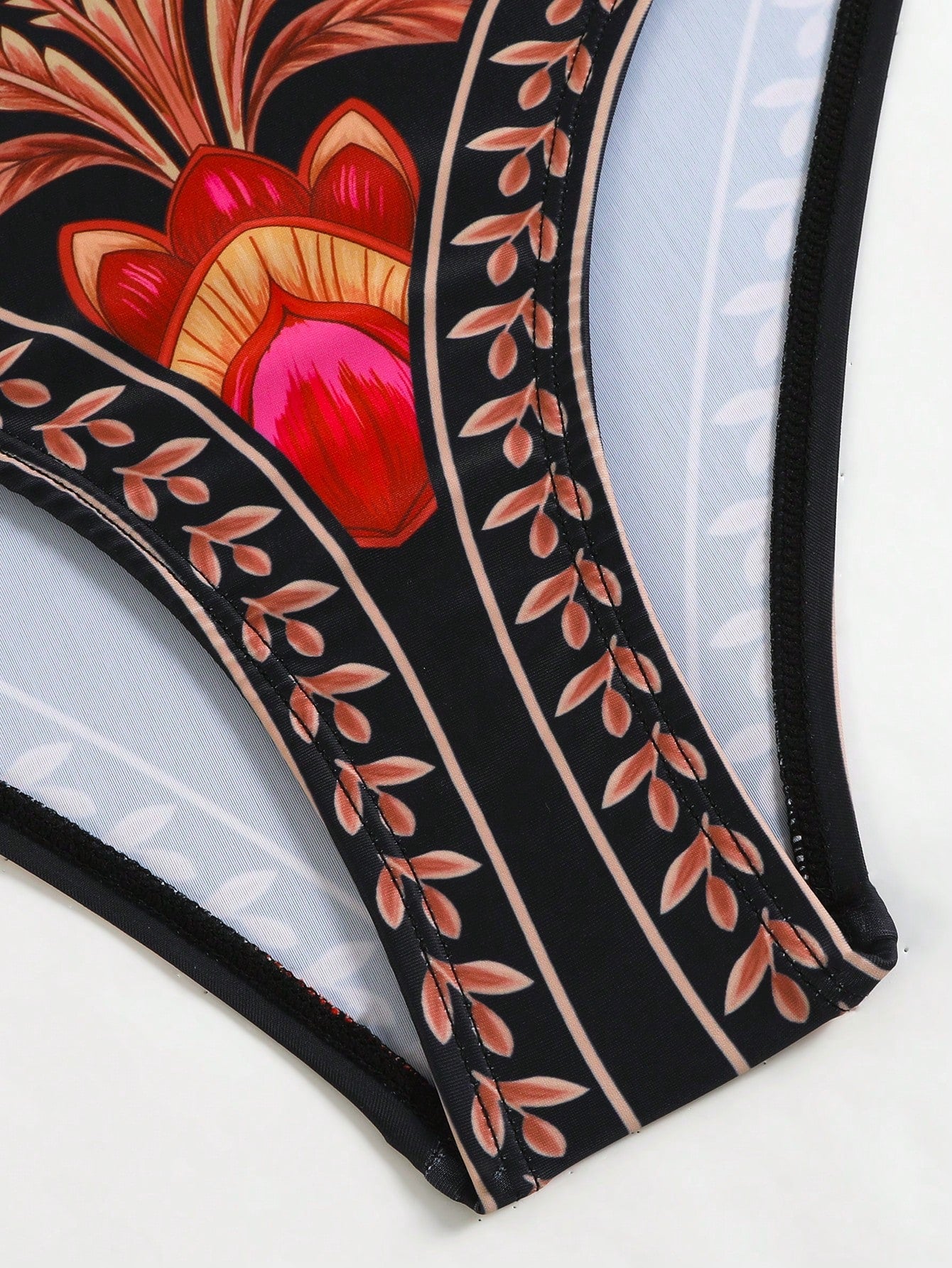 Swim Oasis Plus Size Black Floral Coconut Tree Print One-Piece Swimsuit With Matching Side Tie Skirt,Boho,Beach,Holiday,Summer,Multicolor,V-Neck Wide Strap Wear