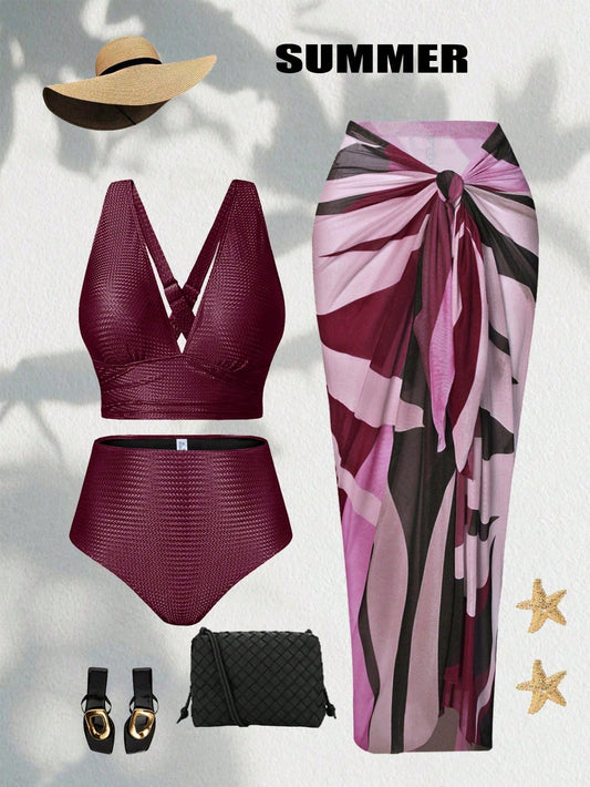 Swim Oasis Plus Size Solid Color Bikini Set With Bra, Swim Trunks & Tie Skirt For Beach Holiday, 3pcs,Summer Beach