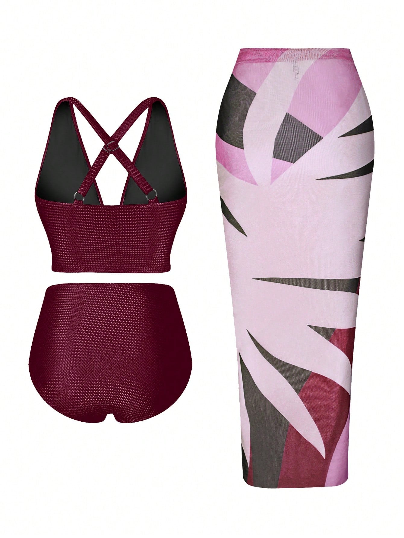 Swim Oasis Plus Size Solid Color Bikini Set With Bra, Swim Trunks & Tie Skirt For Beach Holiday, 3pcs,Summer Beach