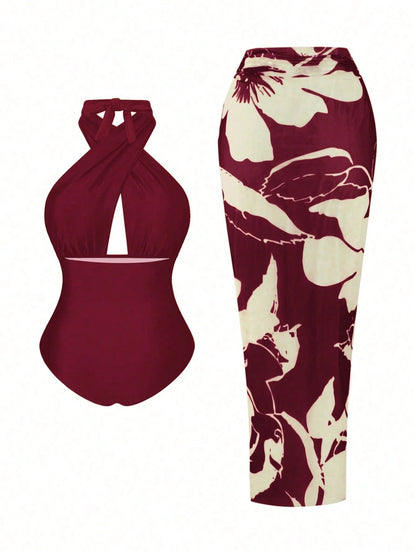 Swim Oasis Plus Size Women 2pcs Set Halter Backless One Piece Swimsuit With Random Print Long Beach Cover Up Skirt, Vacation Casual Swimwear Set