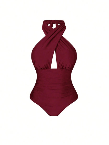 Swim Oasis Plus Size Women 2pcs Set Halter Backless One Piece Swimsuit With Random Print Long Beach Cover Up Skirt, Vacation Casual Swimwear Set