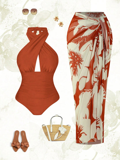 Swim Oasis Plus Size Women 2pcs Set Halter Backless One Piece Swimsuit With Random Print Long Beach Cover Up Skirt, Vacation Casual Swimwear Set