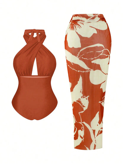 Swim Oasis Plus Size Women 2pcs Set Halter Backless One Piece Swimsuit With Random Print Long Beach Cover Up Skirt, Vacation Casual Swimwear Set