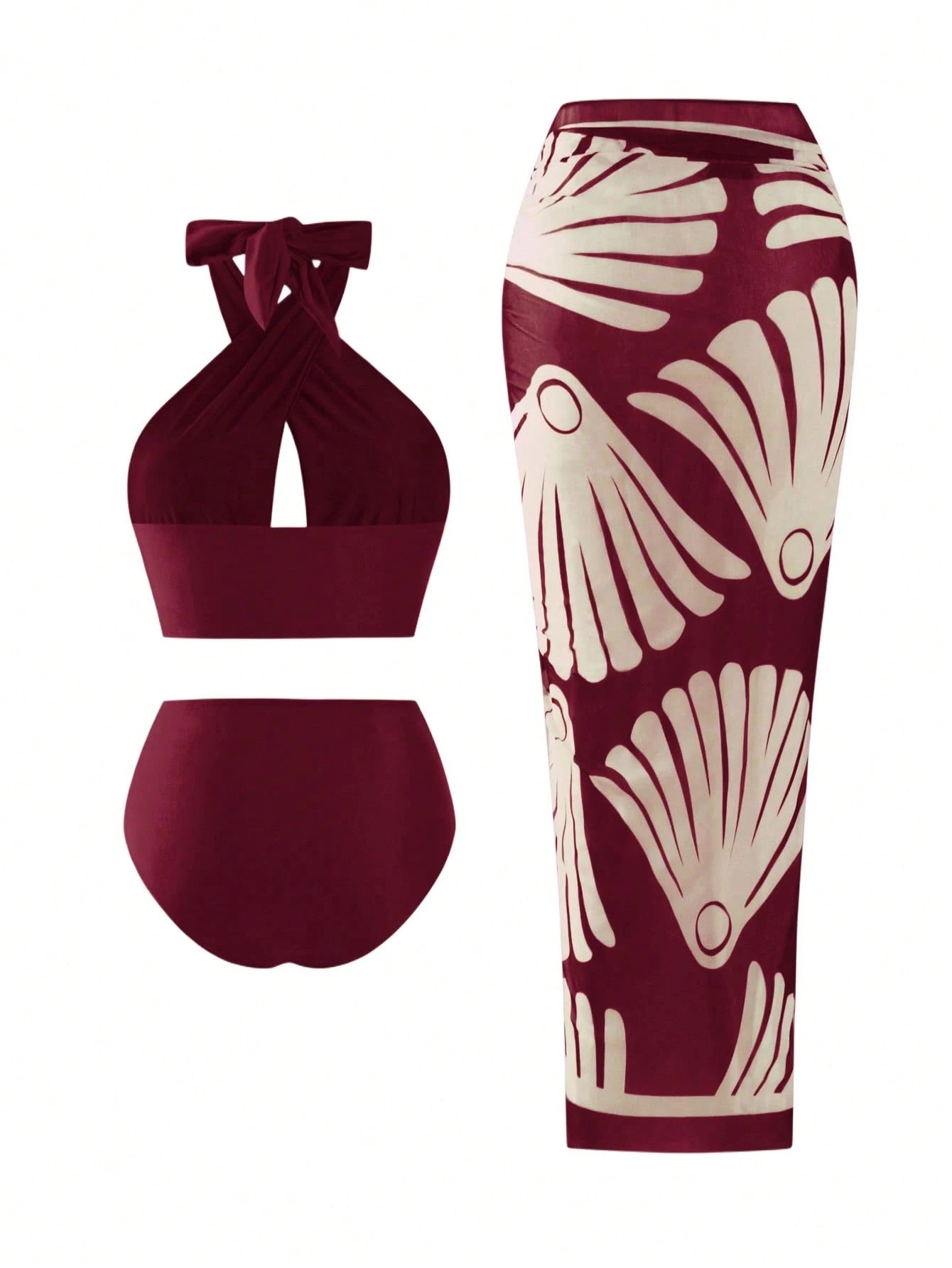 Swim Oasis Plus Size Women Red Burgundy Criss-Cross Halter Hollow Out Top High Waist Bikini Set Patterned Mesh Maxi Dress,Satin Summer Beach Vacation Holiday