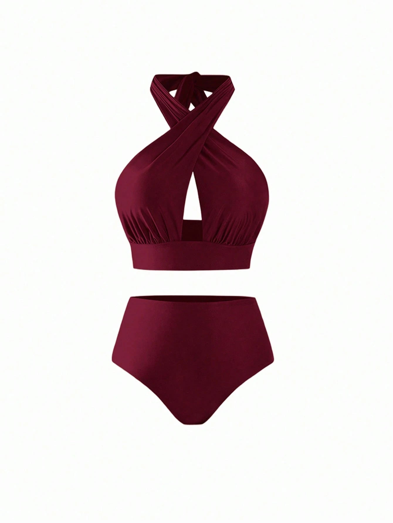 Swim Oasis Plus Size Women Red Burgundy Criss-Cross Halter Hollow Out Top High Waist Bikini Set Patterned Mesh Maxi Dress,Satin Summer Beach Vacation Holiday