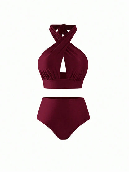 Swim Oasis Plus Size Women Red Burgundy Criss-Cross Halter Hollow Out Top High Waist Bikini Set Patterned Mesh Maxi Dress,Satin Summer Beach Vacation Holiday
