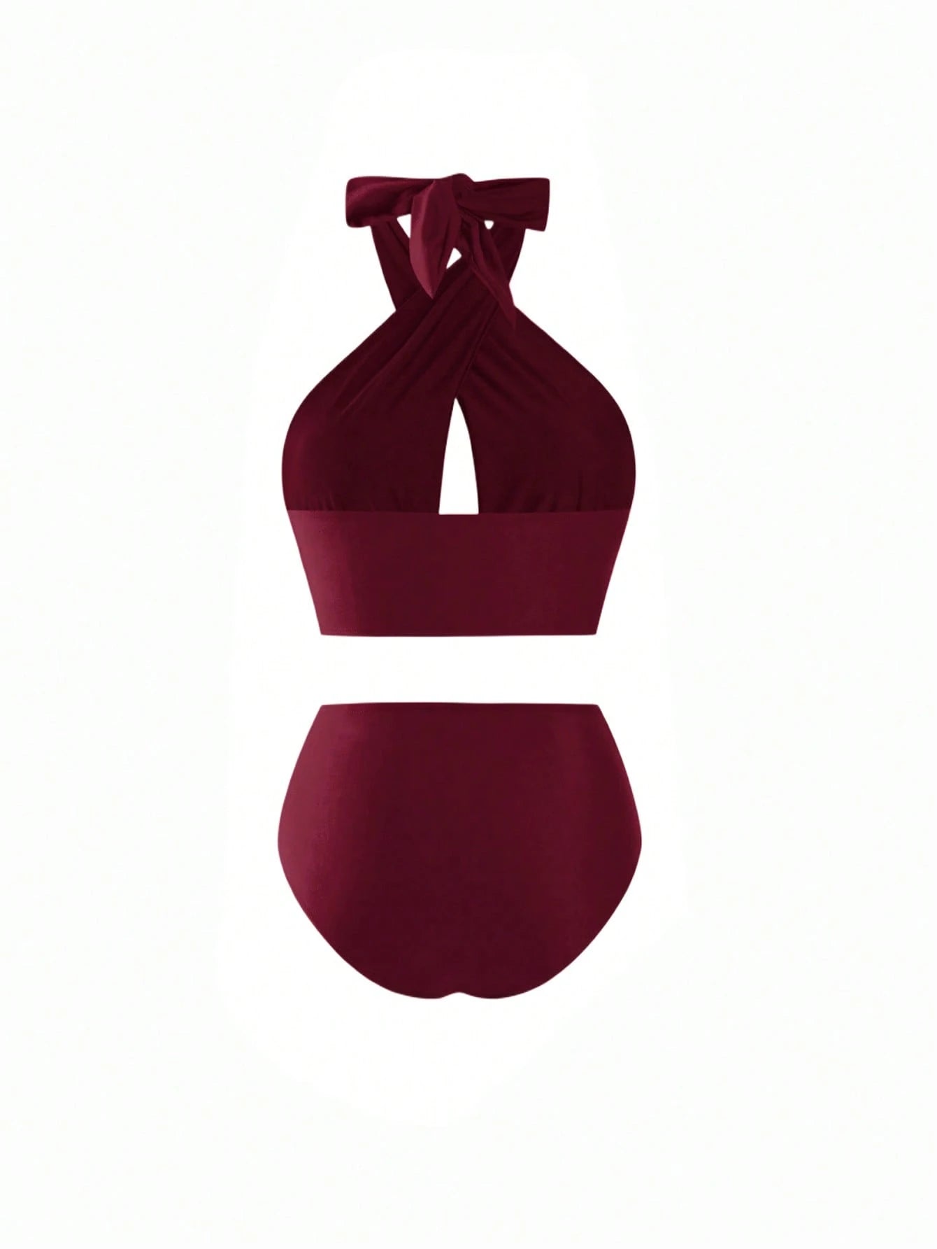 Swim Oasis Plus Size Women Red Burgundy Criss-Cross Halter Hollow Out Top High Waist Bikini Set Patterned Mesh Maxi Dress,Satin Summer Beach Vacation Holiday