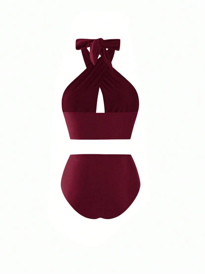 Swim Oasis Plus Size Women Red Burgundy Criss-Cross Halter Hollow Out Top High Waist Bikini Set Patterned Mesh Maxi Dress,Satin Summer Beach Vacation Holiday