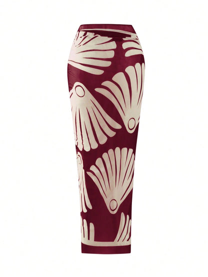 Swim Oasis Plus Size Women Red Burgundy Criss-Cross Halter Hollow Out Top High Waist Bikini Set Patterned Mesh Maxi Dress,Satin Summer Beach Vacation Holiday