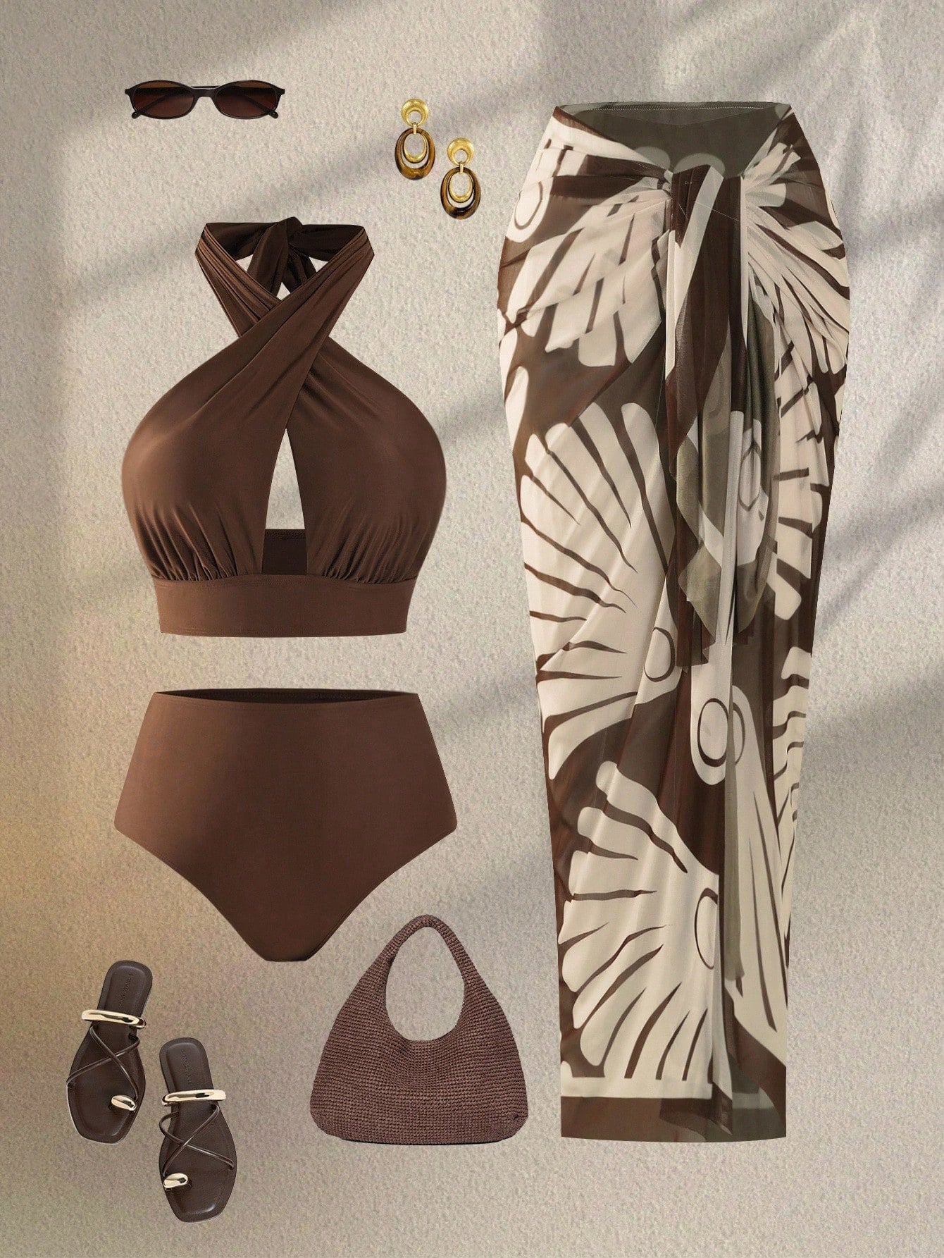 Swim Oasis Plus Size Women Red Burgundy Criss-Cross Halter Hollow Out Top High Waist Bikini Set Patterned Mesh Maxi Dress,Satin Summer Beach Vacation Holiday