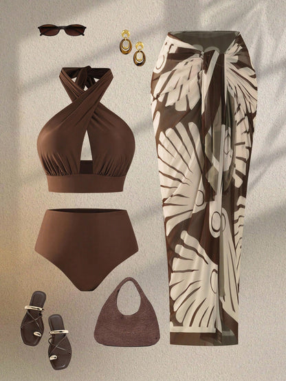 Swim Oasis Plus Size Women Red Burgundy Criss-Cross Halter Hollow Out Top High Waist Bikini Set Patterned Mesh Maxi Dress,Satin Summer Beach Vacation Holiday