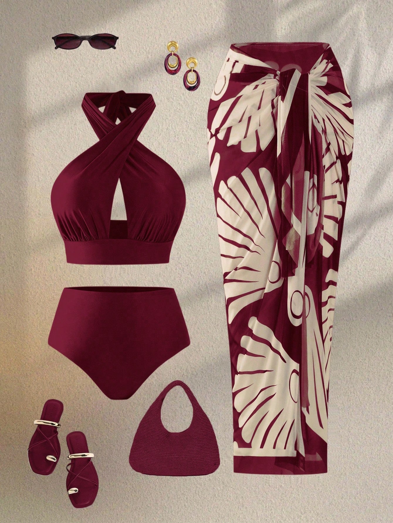 Swim Oasis Plus Size Women Red Burgundy Criss-Cross Halter Hollow Out Top High Waist Bikini Set Patterned Mesh Maxi Dress,Satin Summer Beach Vacation Holiday