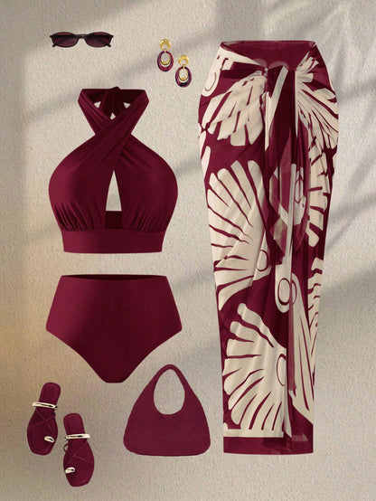Swim Oasis Plus Size Women Red Burgundy Criss-Cross Halter Hollow Out Top High Waist Bikini Set Patterned Mesh Maxi Dress,Satin Summer Beach Vacation Holiday