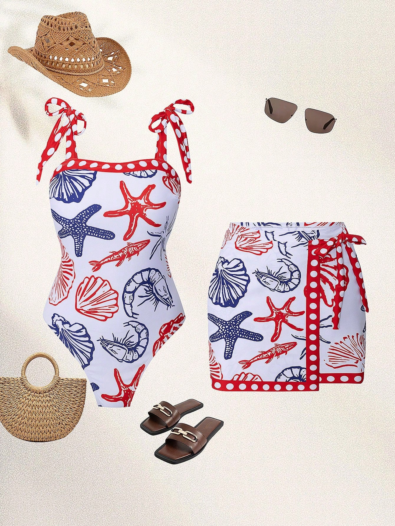 Swim Oasis Plus Size Women's 2-Piece Set,White Summer Beach Holiday Holiday Starfish Shell Shrimp Print Tie Waist Cropped Bustier Top & Mini Skirt Vacation Wear