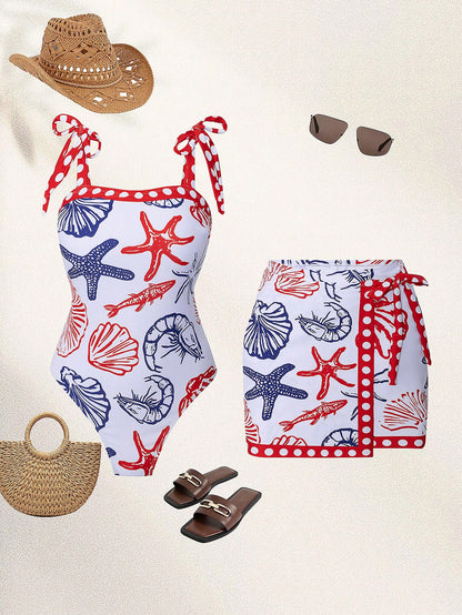 Swim Oasis Plus Size Women's 2-Piece Set,White Summer Beach Holiday Holiday Starfish Shell Shrimp Print Tie Waist Cropped Bustier Top & Mini Skirt Vacation Wear