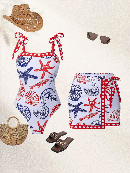Swim Oasis Plus Size Women's 2-Piece Set,White Summer Beach Holiday Holiday Starfish Shell Shrimp Print Tie Waist Cropped Bustier Top & Mini Skirt Vacation Wear