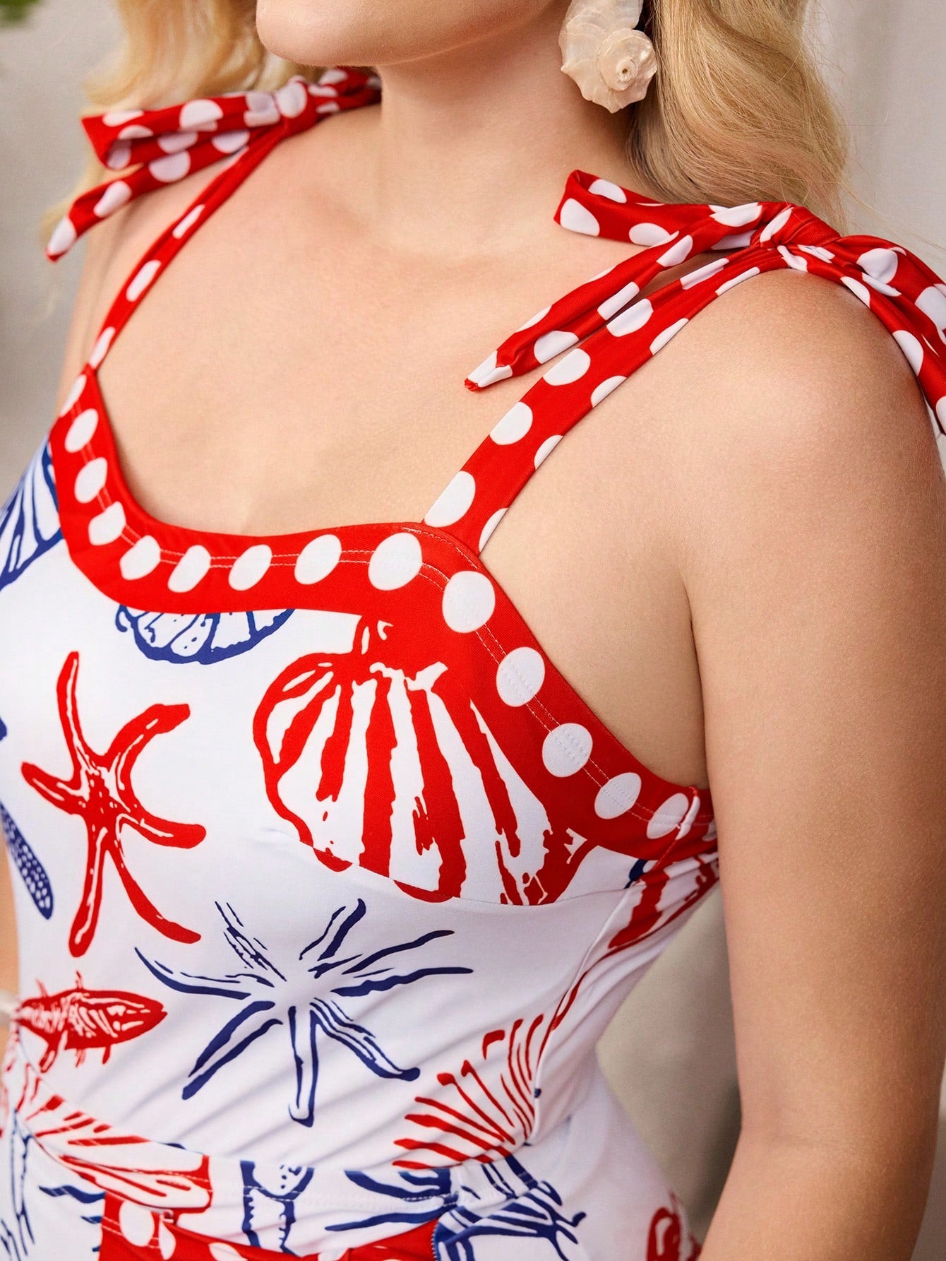 Swim Oasis Plus Size Women's 2-Piece Set,White Summer Beach Holiday Holiday Starfish Shell Shrimp Print Tie Waist Cropped Bustier Top & Mini Skirt Vacation Wear