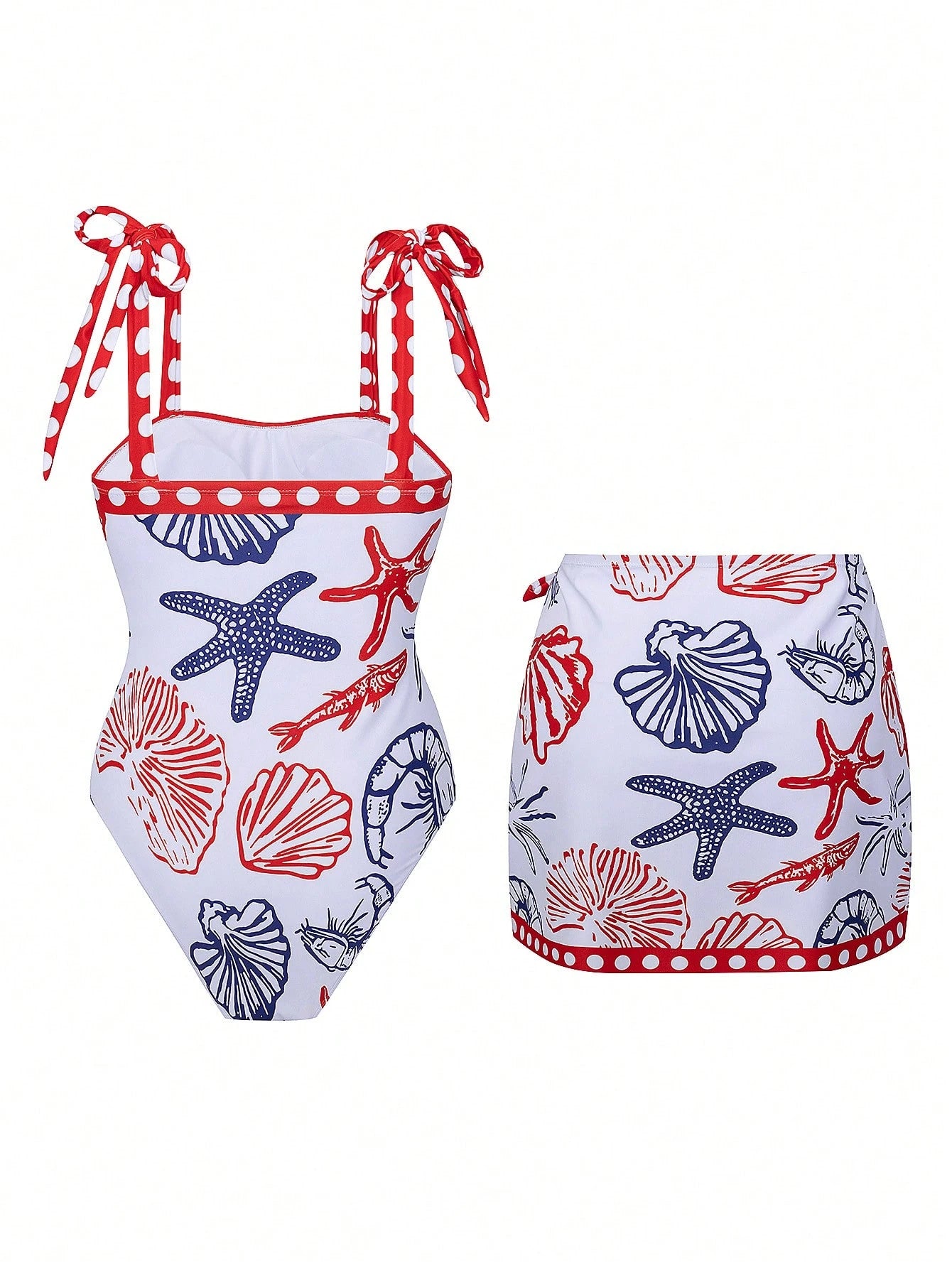 Swim Oasis Plus Size Women's 2-Piece Set,White Summer Beach Holiday Holiday Starfish Shell Shrimp Print Tie Waist Cropped Bustier Top & Mini Skirt Vacation Wear