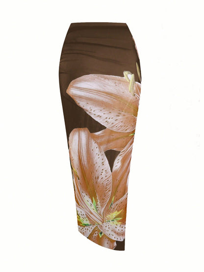 Swim Oasis Plus Size Women's Oasis High-End Floral Print Long Chiffon Dress, Suitable For Summer Beach Vacation