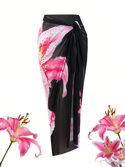 Swim Oasis Plus Size Women's Oasis High-End Floral Print Long Chiffon Dress, Suitable For Summer Beach Vacation