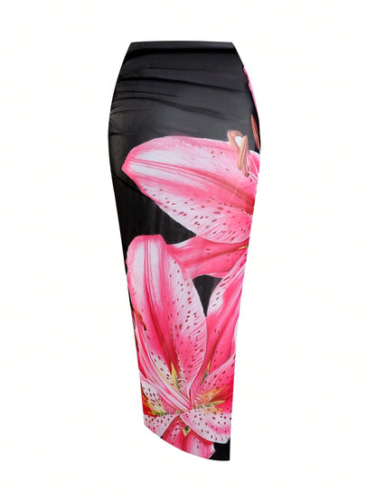 Swim Oasis Plus Size Women's Oasis High-End Floral Print Long Chiffon Dress, Suitable For Summer Beach Vacation