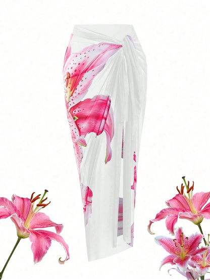 Swim Oasis Plus Size Women's Oasis High-End Floral Print Long Chiffon Dress, Suitable For Summer Beach Vacation