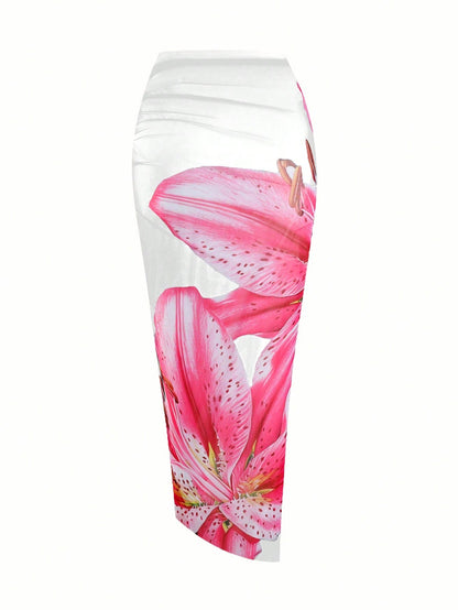 Swim Oasis Plus Size Women's Oasis High-End Floral Print Long Chiffon Dress, Suitable For Summer Beach Vacation