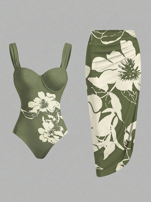 Swim Oasis Women's Floral Print One-Piece Swimsuit And Skirt, Suitable For Beach Vacation, Pool Party, Beach Party