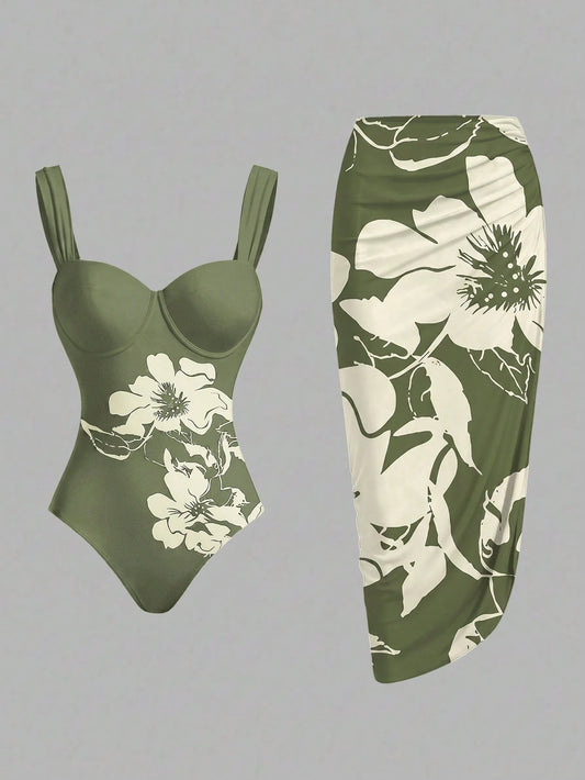 Swim Oasis Women's Floral Print One-Piece Swimsuit And Skirt, Suitable For Beach Vacation, Pool Party, Beach Party