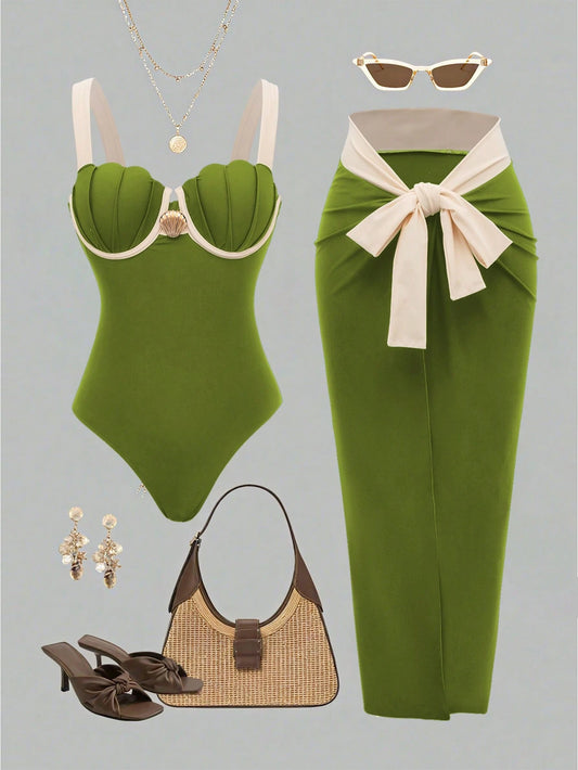 Swim Oasis Women's Olive Green Summer Casual Holiday Vacation Holiday Set,Retro Luxury Shell Cup Halter & Side Tie Skirt 2-Piece Set,Contrast Color Beachwear