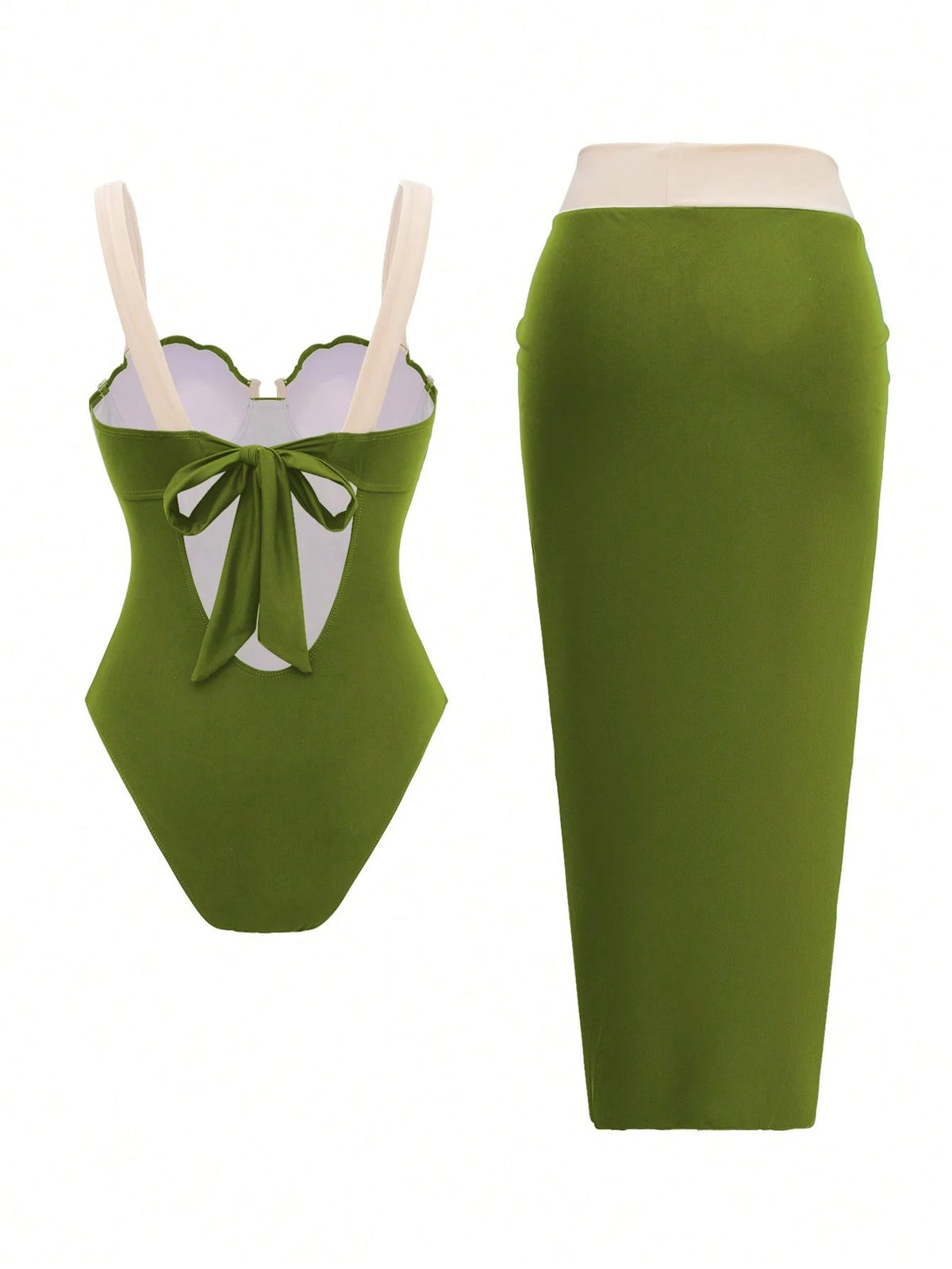 Swim Oasis Women's Olive Green Summer Casual Holiday Vacation Holiday Set,Retro Luxury Shell Cup Halter & Side Tie Skirt 2-Piece Set,Contrast Color Beachwear