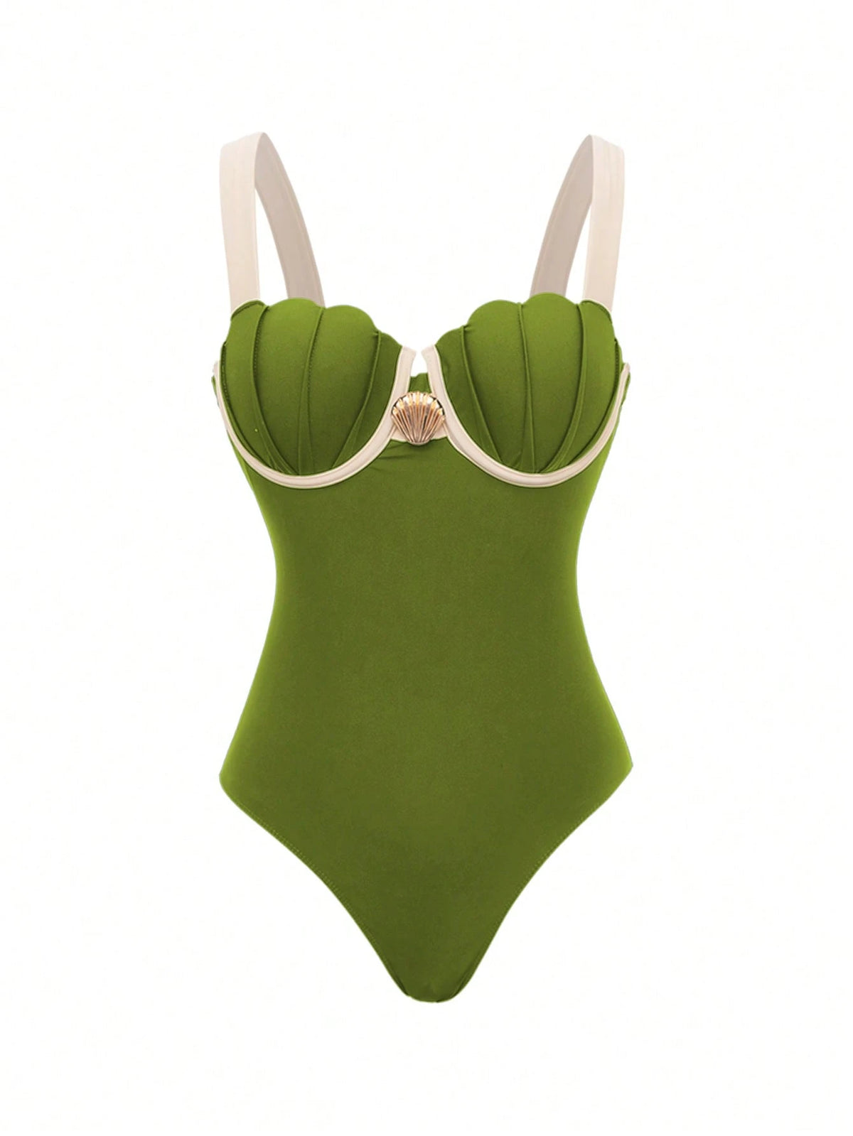 Swim Oasis Women's Olive Green Summer Casual Holiday Vacation Holiday Set,Retro Luxury Shell Cup Halter & Side Tie Skirt 2-Piece Set,Contrast Color Beachwear