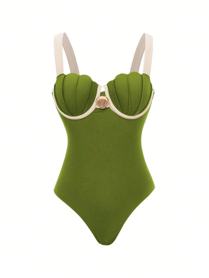 Swim Oasis Women's Olive Green Summer Casual Holiday Vacation Holiday Set,Retro Luxury Shell Cup Halter & Side Tie Skirt 2-Piece Set,Contrast Color Beachwear