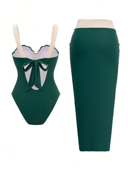 Swim Oasis Women's Olive Green Summer Casual Holiday Vacation Holiday Set,Retro Luxury Shell Cup Halter & Side Tie Skirt 2-Piece Set,Contrast Color Beachwear
