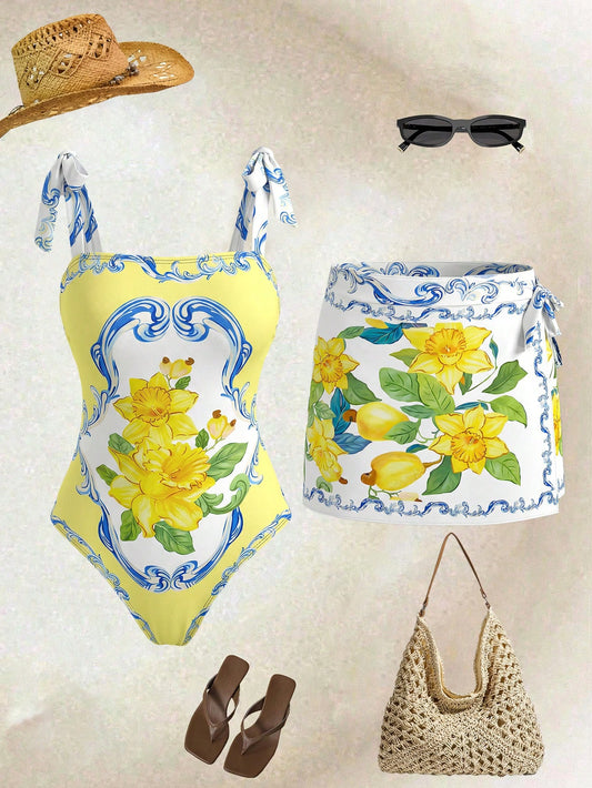 Swim Oasis Women's Southern France High-End Resort Parrot Tie-Up One-Piece Matching Mini Skirt
