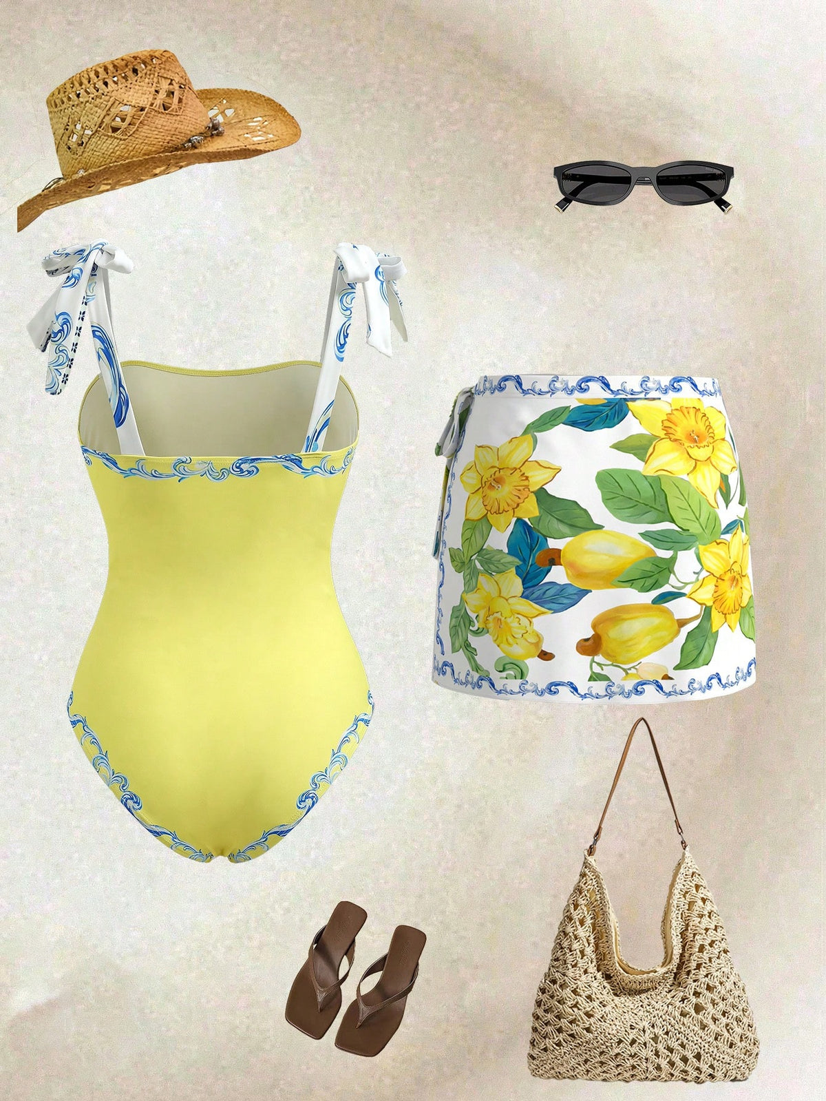 Swim Oasis Women's Southern France High-End Resort Parrot Tie-Up One-Piece Matching Mini Skirt