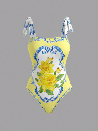 Swim Oasis Women's Southern France High-End Resort Parrot Tie-Up One-Piece Matching Mini Skirt