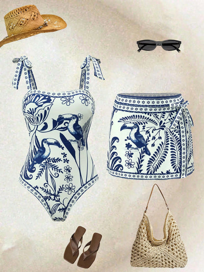 Swim Oasis Women's Southern France High-End Resort Parrot Tie-Up One-Piece Matching Mini Skirt
