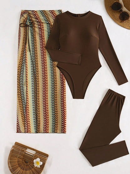 Swim Shayni Women's 3 Pieces Brown And Yellow Polka Dot Burkini Set,Long Sleeve Top,Long Pants,Skirt,Modest,Beach,Holiday,Holiday,Summer Sun Protection Swimwear