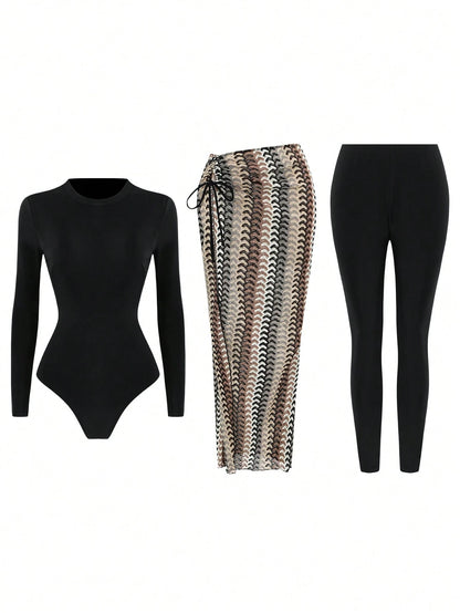 Swim Shayni Women's 3 Pieces Brown And Yellow Polka Dot Burkini Set,Long Sleeve Top,Long Pants,Skirt,Modest,Beach,Holiday,Holiday,Summer Sun Protection Swimwear