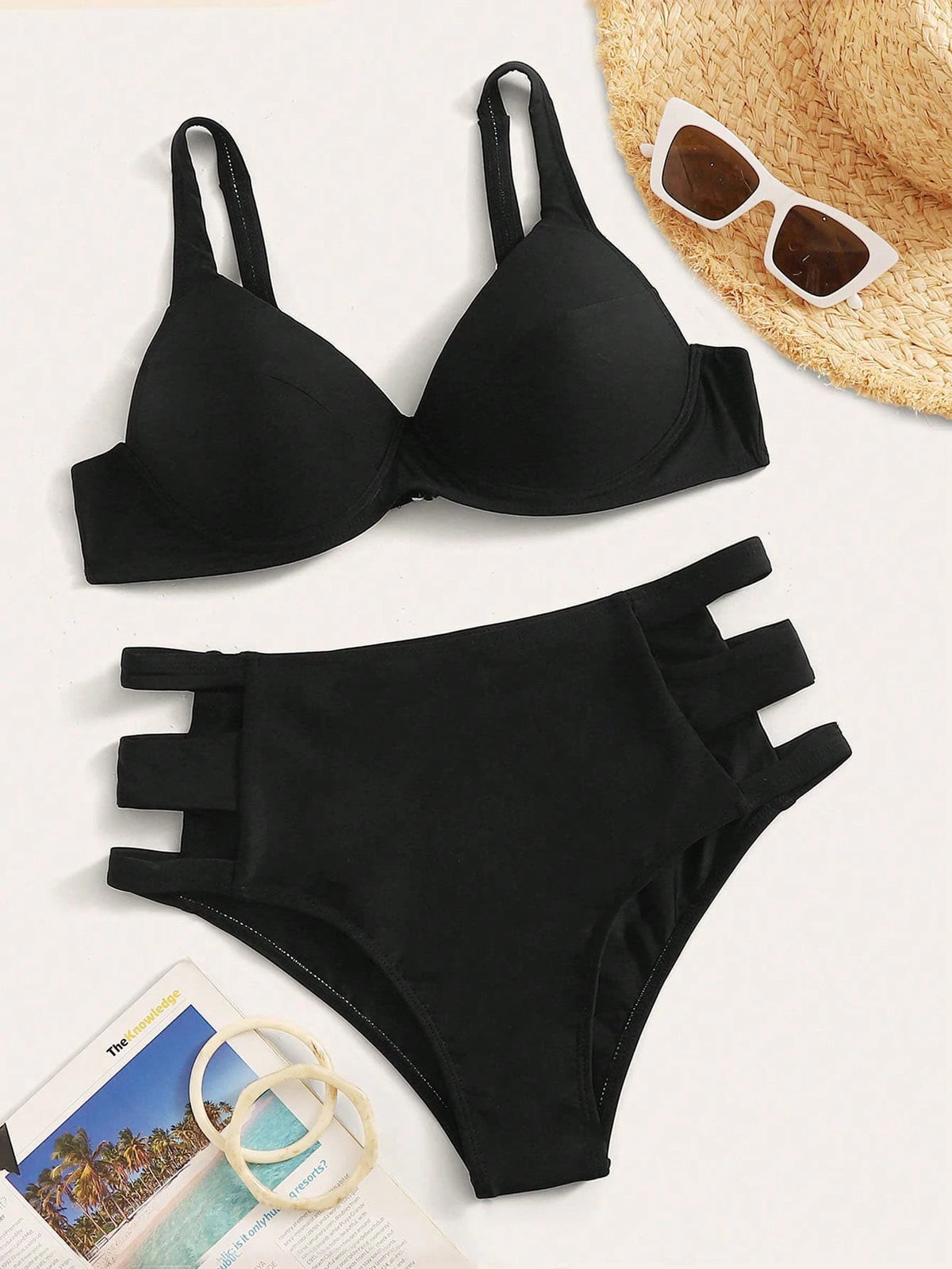 Swim Solid Color Bikini Set, Underwire High Waisted Two Pieces Swimwear Bathing Suit Beach Outfit Summer Vacation,Summer Beach