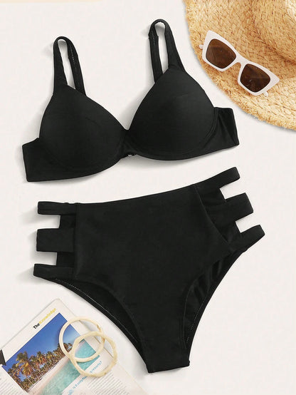 Swim Solid Color Bikini Set, Underwire High Waisted Two Pieces Swimwear Bathing Suit Beach Outfit Summer Vacation,Summer Beach