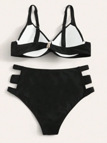 Swim Solid Color Bikini Set, Underwire High Waisted Two Pieces Swimwear Bathing Suit Beach Outfit Summer Vacation,Summer Beach