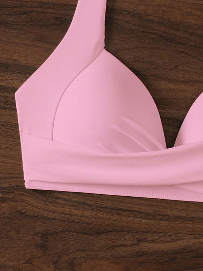 Swim Solid Color Halter Neck Bikini Top For Beach Vacation,Summer Beach