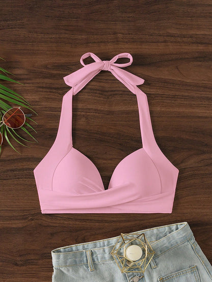 Swim Solid Color Halter Neck Bikini Top For Beach Vacation,Summer Beach