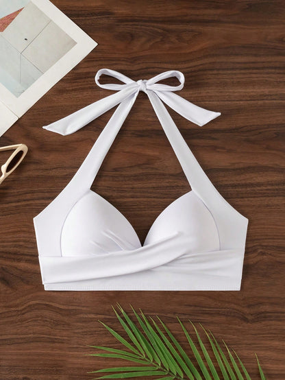Swim Solid Color Halter Neck Bikini Top For Beach Vacation,Summer Beach