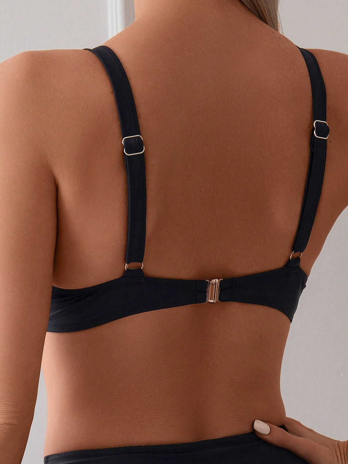 Swim Solid Color Hollow Out Back Strap Bikini Two-Piece Set, Summer Beach