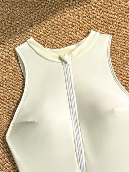Swim SPRTY New Solid Color Zipper Sleeveless Boyshort One-Piece Swimsuit, Sports Style
