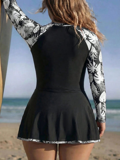 Swim SPRTY New Summer Beach Vacation Botanical Print Patchwork Slimming Plus Size Surfing Suit