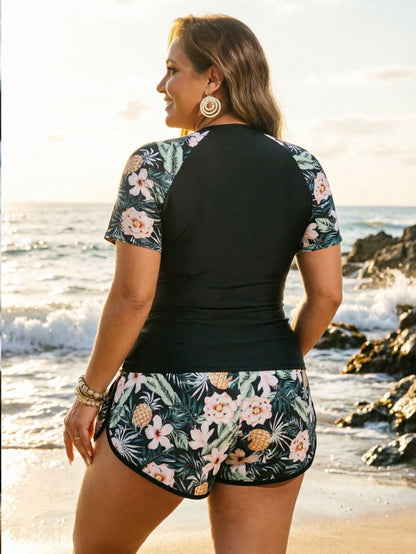 Swim SPRTY Plus Size Women 2pcs/Set White Long Sleeve Rash Guard Loose Shorts Bikini Set Set Beach Vacation Summer